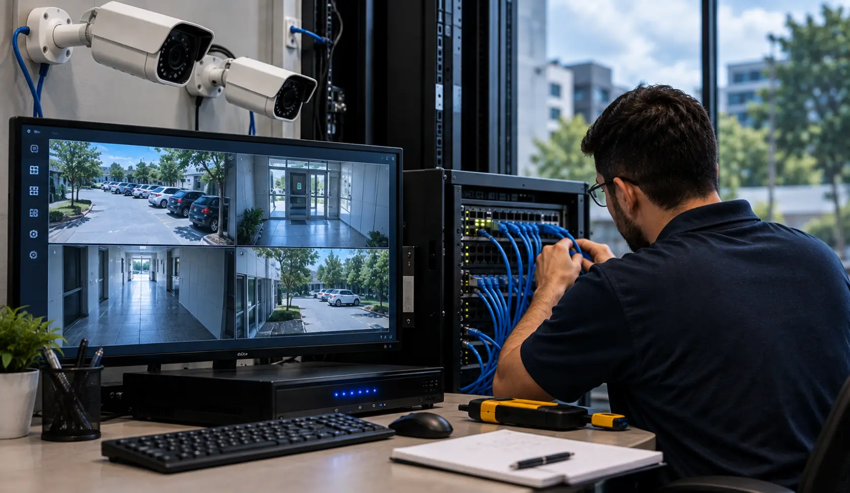 Security cameras connected to a business network and NVR system