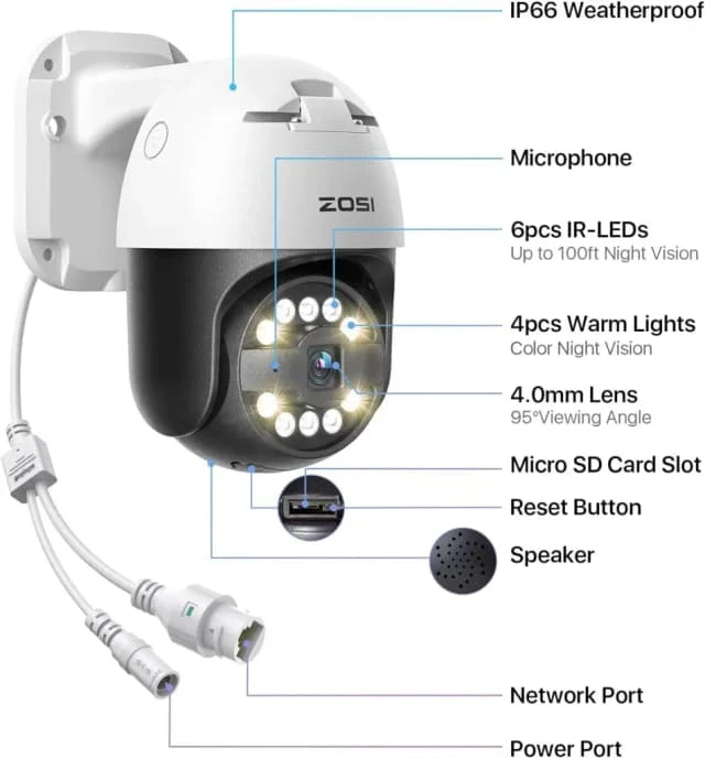 ZOSI 5MP 3K PoE PTZ Camera