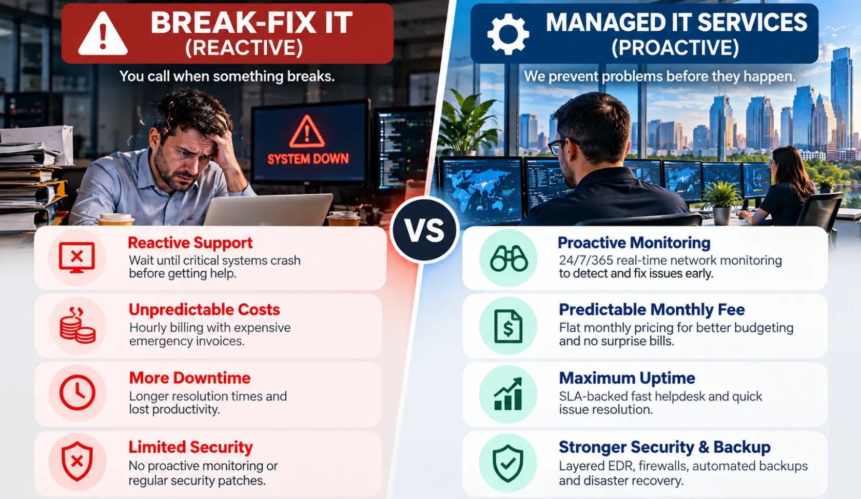 Break-Fix IT vs Proactive Managed IT Services comparison for Austin businesses