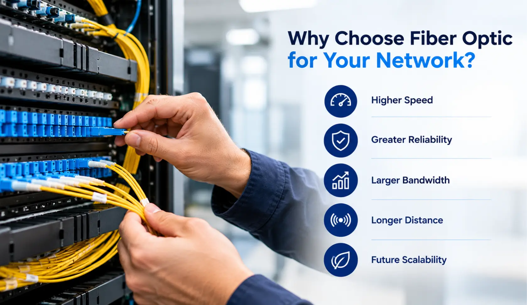 Benefits of fiber optic networks including higher speed, reliability, bandwidth, longer distance, and scalability