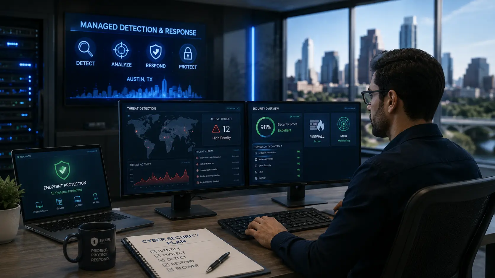 Cybersecurity threat monitoring, endpoint protection, firewall security, and managed detection for a business