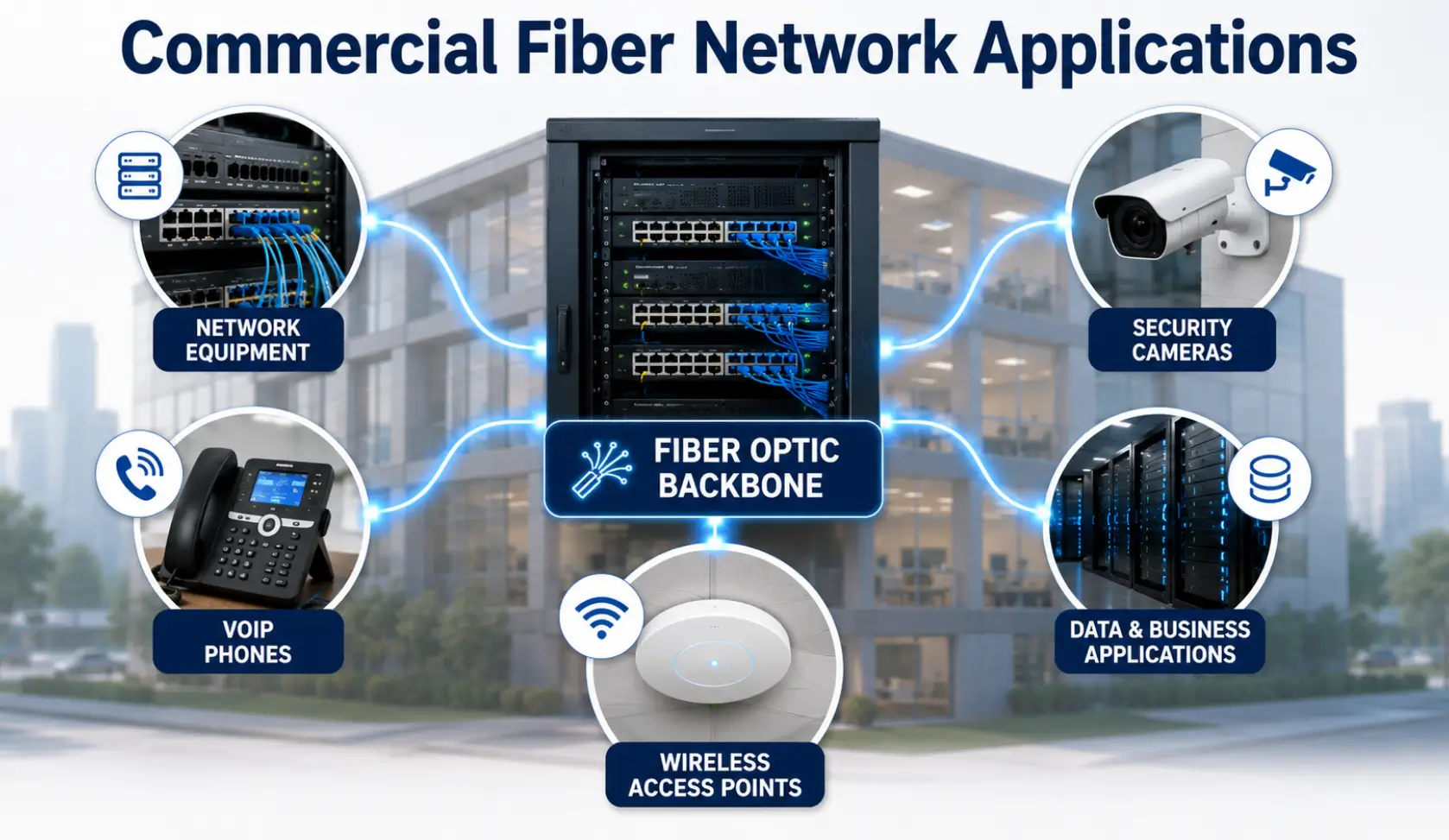 Commercial fiber optic backbone connecting network equipment, VoIP phones, wireless access points, security cameras, and business applications