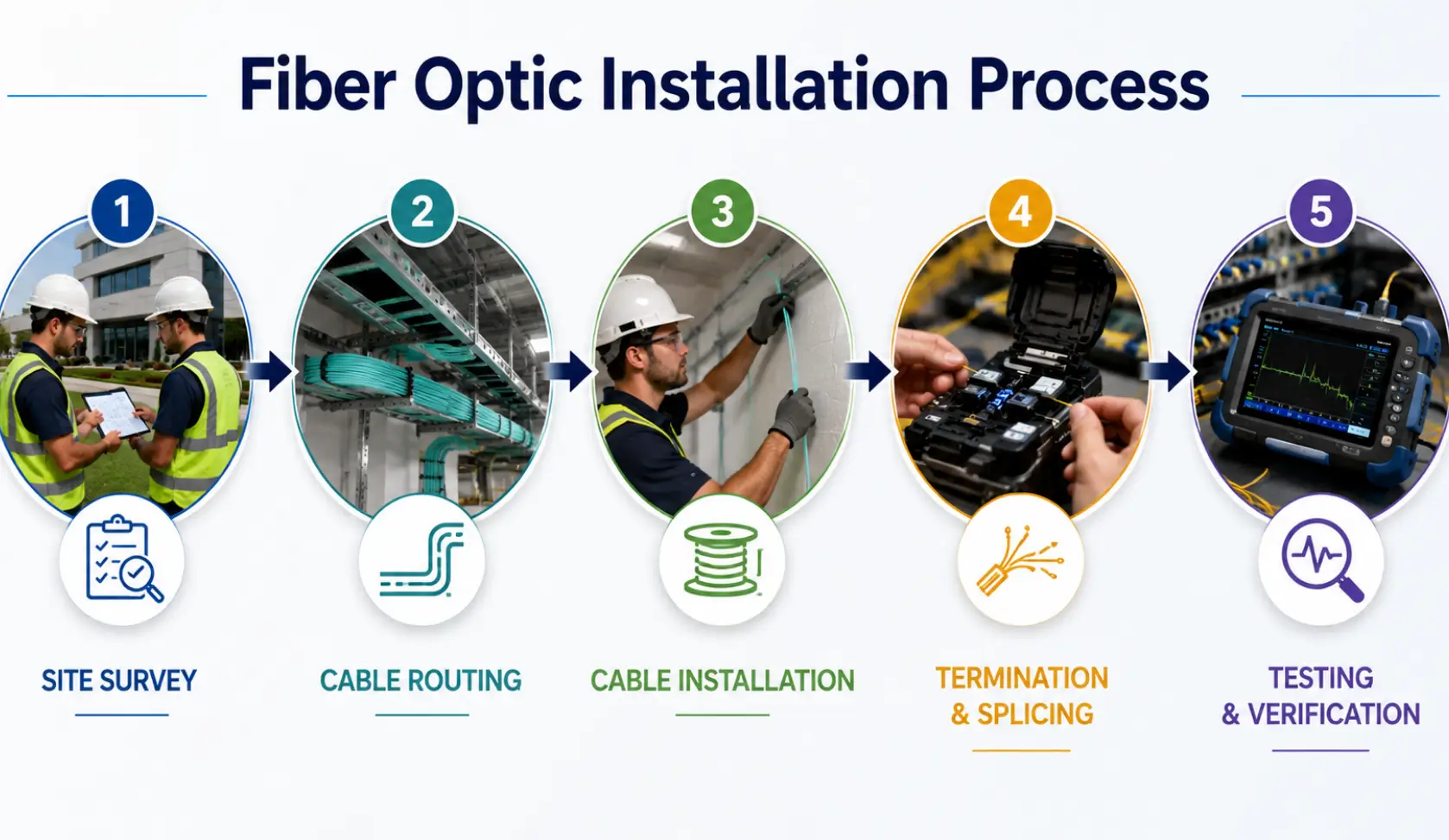 Five-step fiber optic installation process from site survey to testing and verification