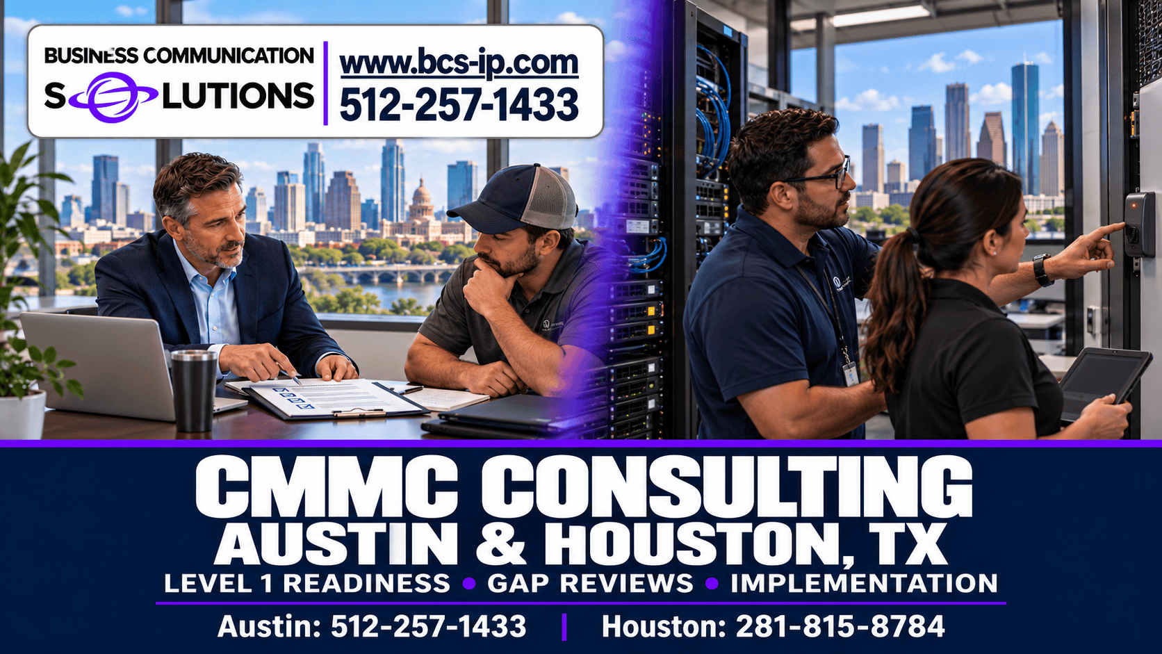 BCS CMMC consulting in Austin and Houston, Texas, showing a readiness review and hands-on physical access support.