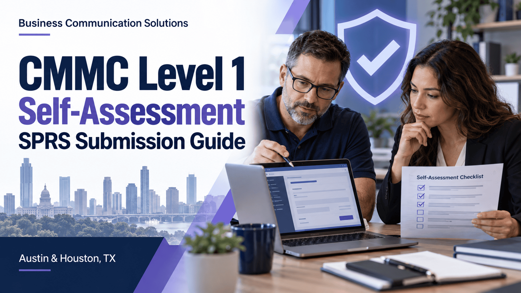 BCS CMMC Level 1 self-assessment and SPRS submission guide for Austin and Houston contractors, showing professionals reviewing a checklist.