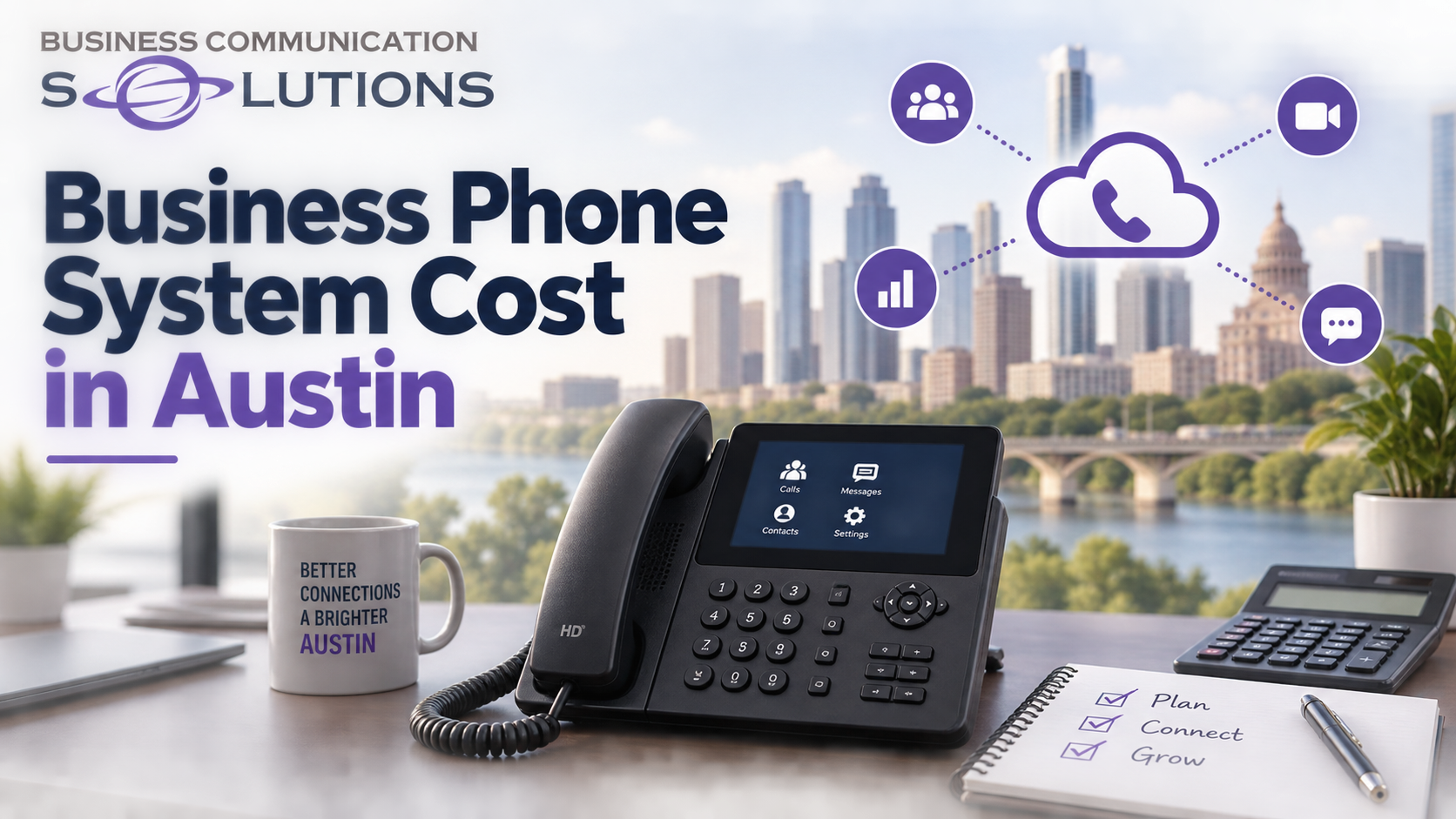 Business phone system cost in Austin with VoIP desk phone and BCS logo
