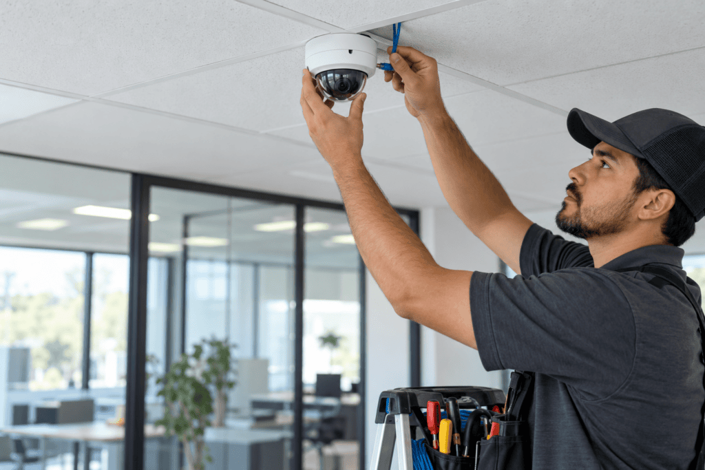 Technician installing a dome security camera in a commercial office