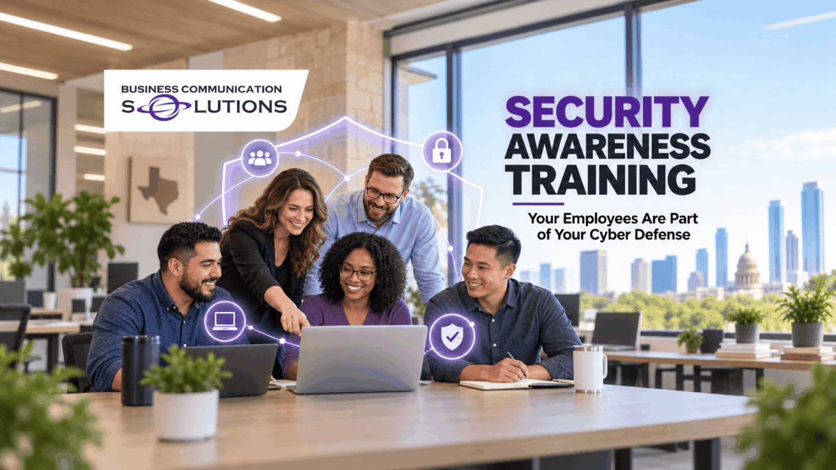 Business Communication Solutions security awareness training graphic with employees as part of a business cyber defense team