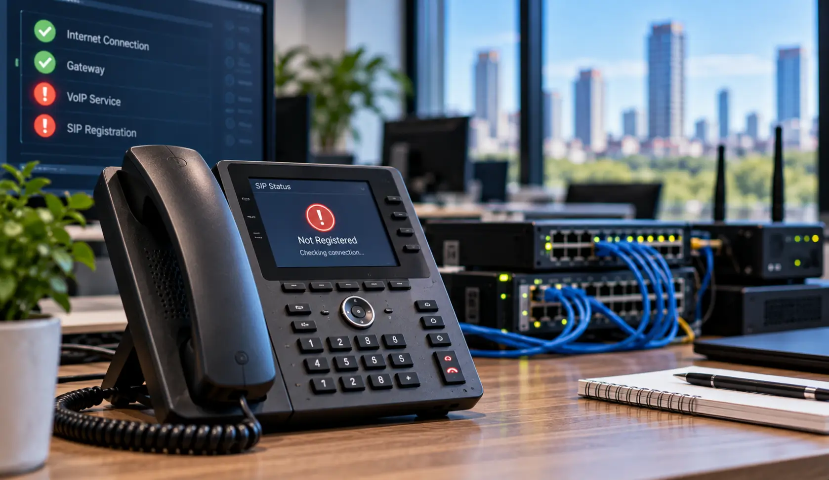 Business VoIP phone showing a registration error during troubleshooting