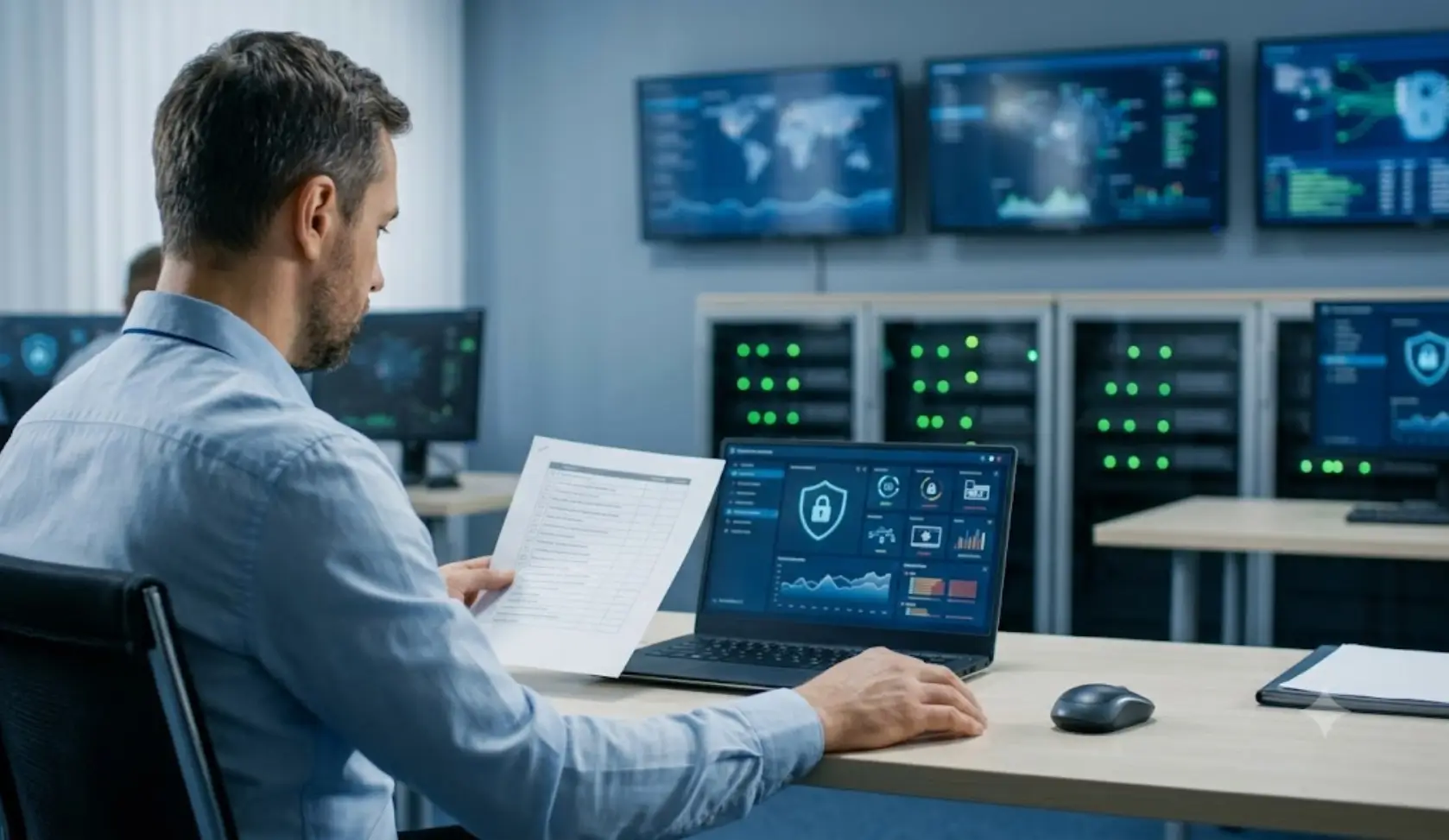 IT professional reviewing a cybersecurity audit checklist alongside live security monitoring