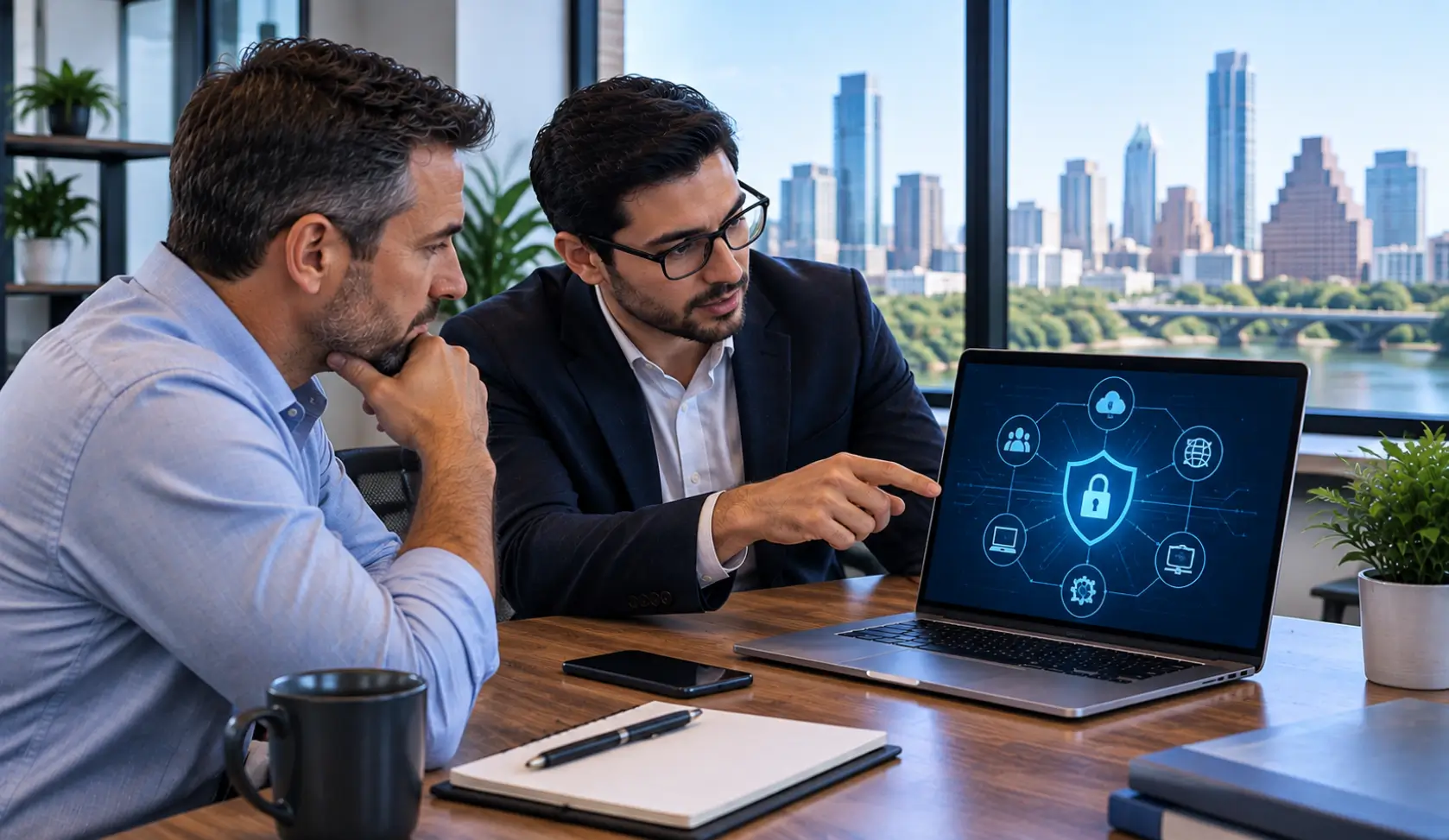 Business professionals discussing cybersecurity protection for an Austin business
