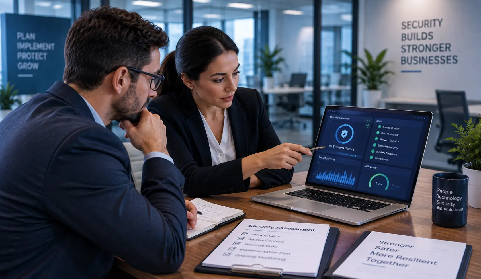 Business professionals reviewing a cybersecurity control assessment