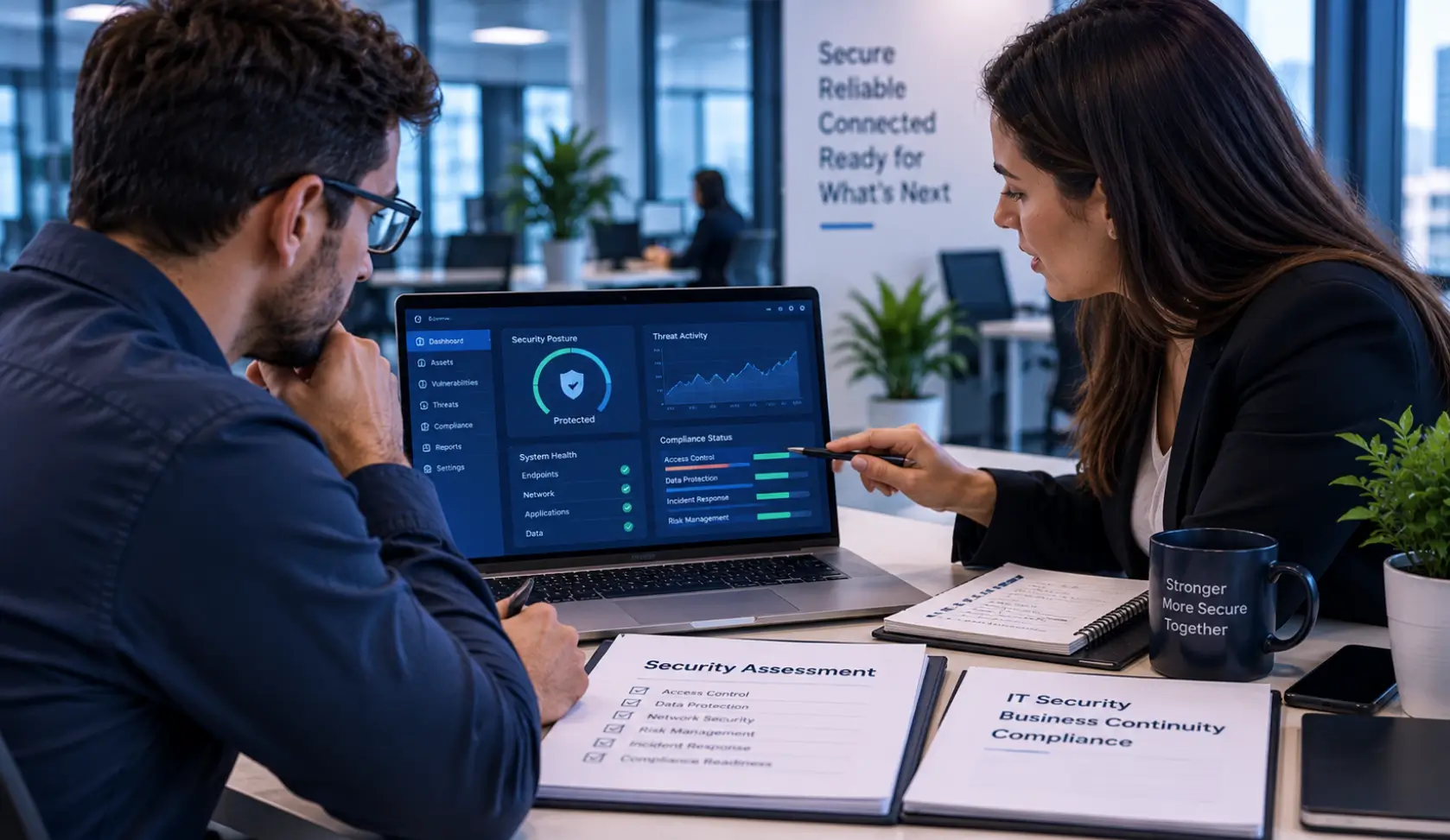 IT professionals reviewing cybersecurity controls and security assessment