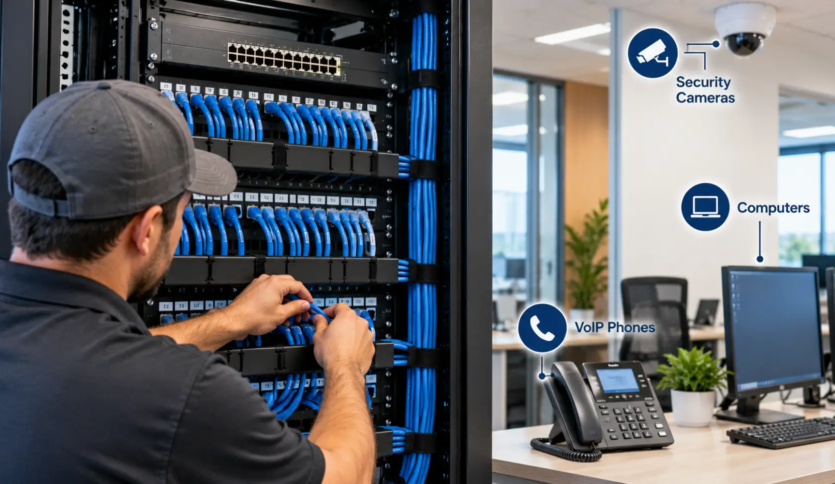 Data cabling installation connecting computers, VoIP phones, and security cameras