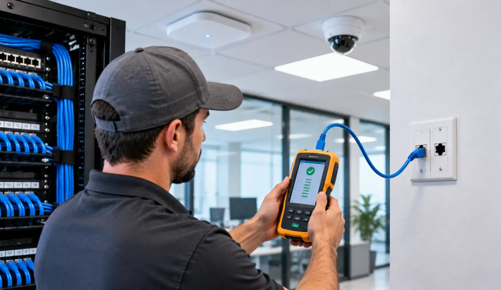 Technician testing an Ethernet cable connection during network cabling installation