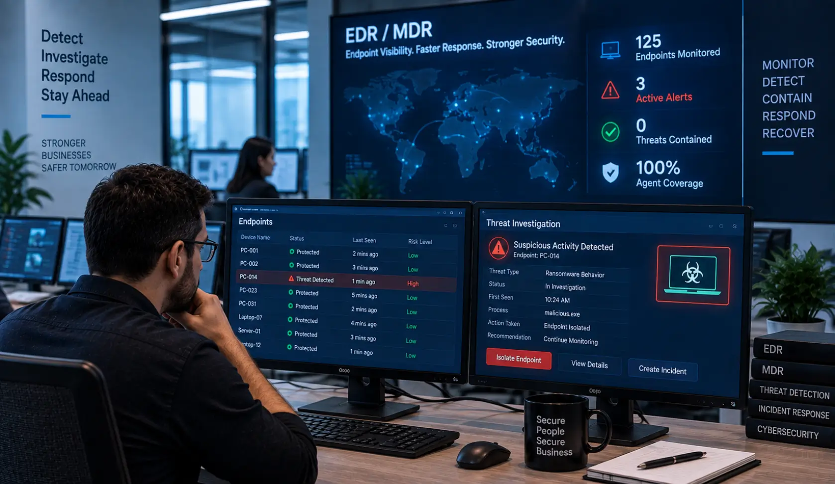 EDR and MDR monitoring business endpoints during a cyberattack