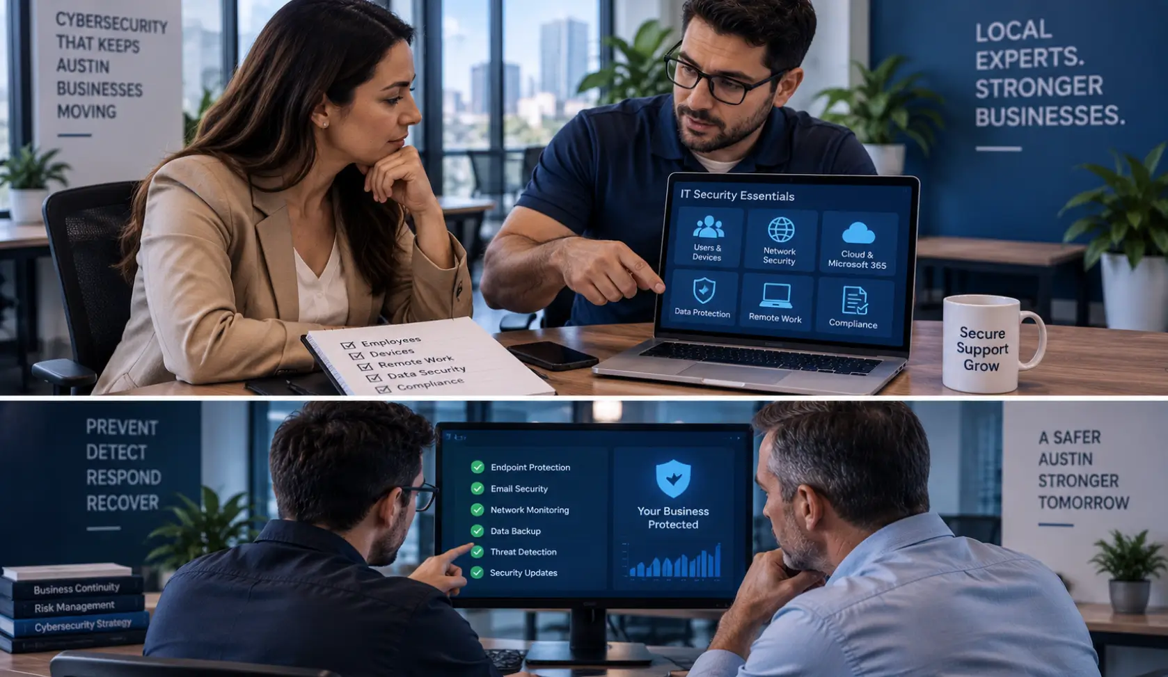 Business professionals reviewing factors that affect cybersecurity costs