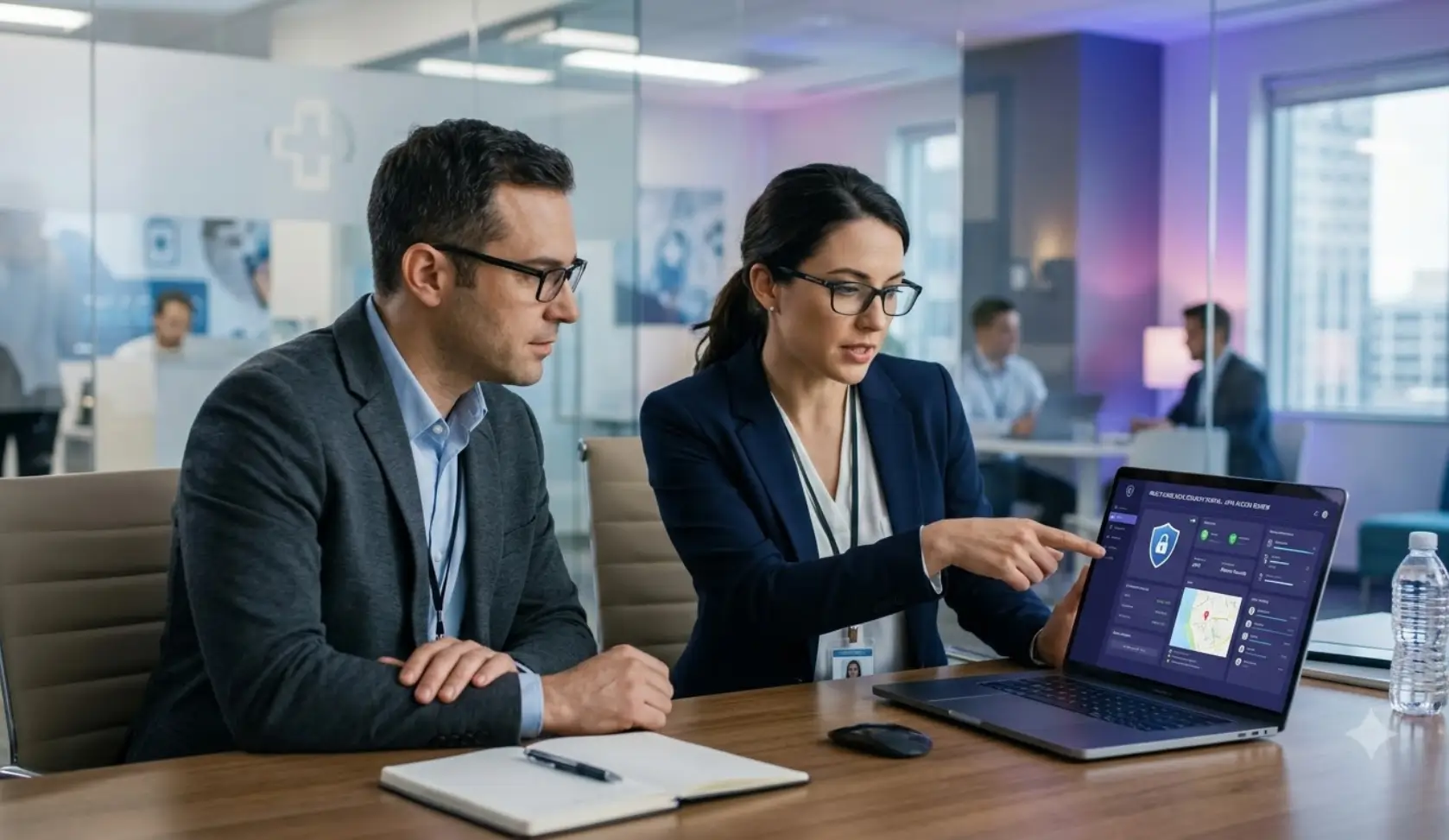 Healthcare business professionals reviewing secure IT systems for HIPAA compliance