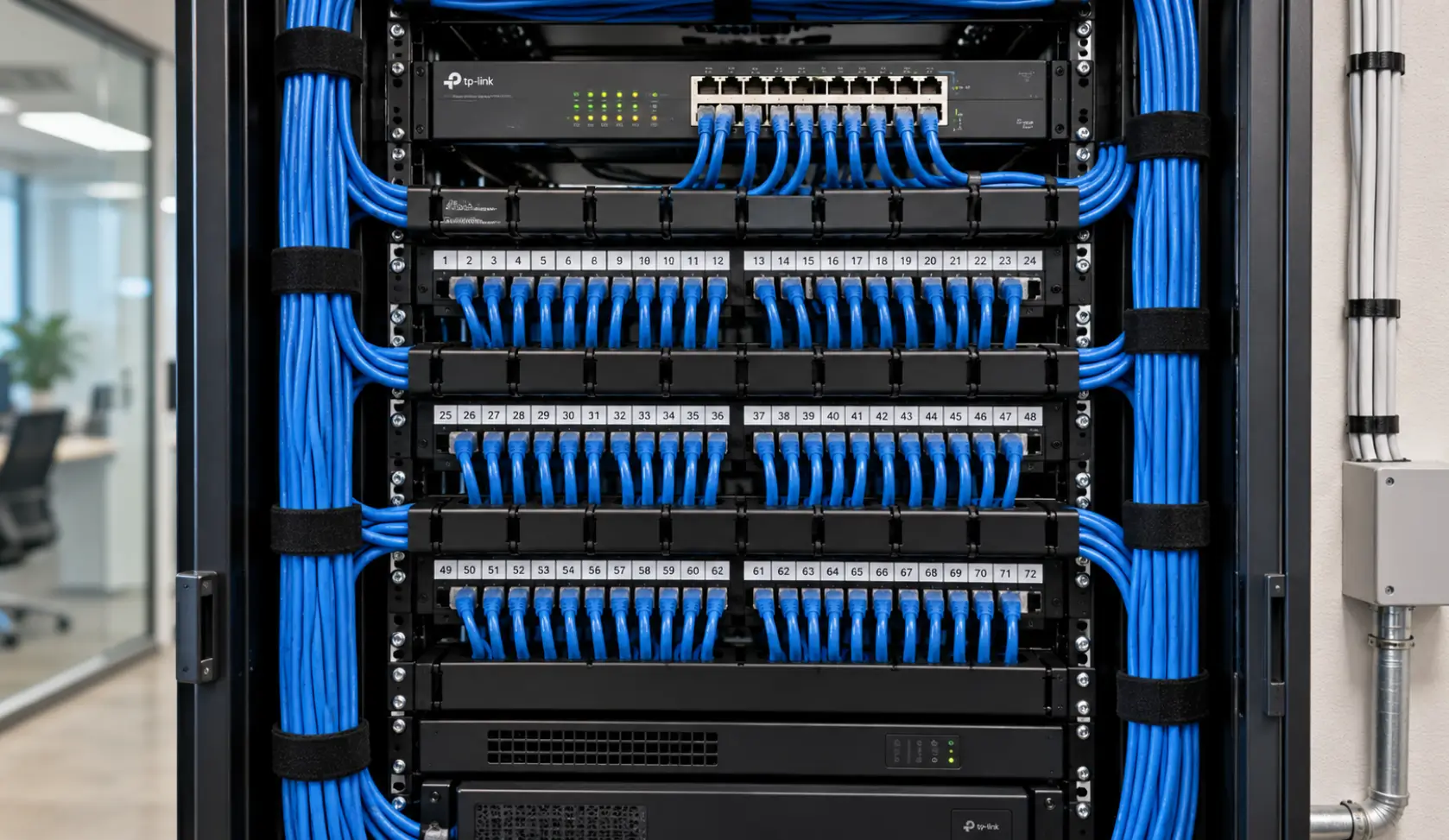 Organized network cables connected to patch panels in a network rack