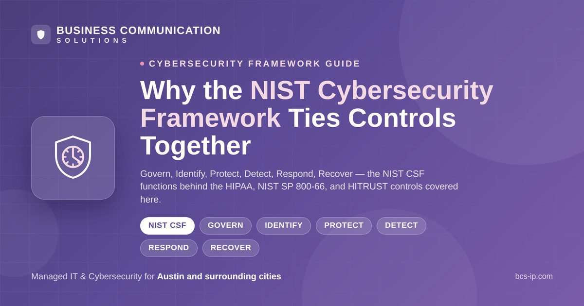NIST Cybersecurity Framework (CSF) functions - Govern, Identify, Protect, Detect, Respond, Recover - explained by BCS, Austin cybersecurity IT services