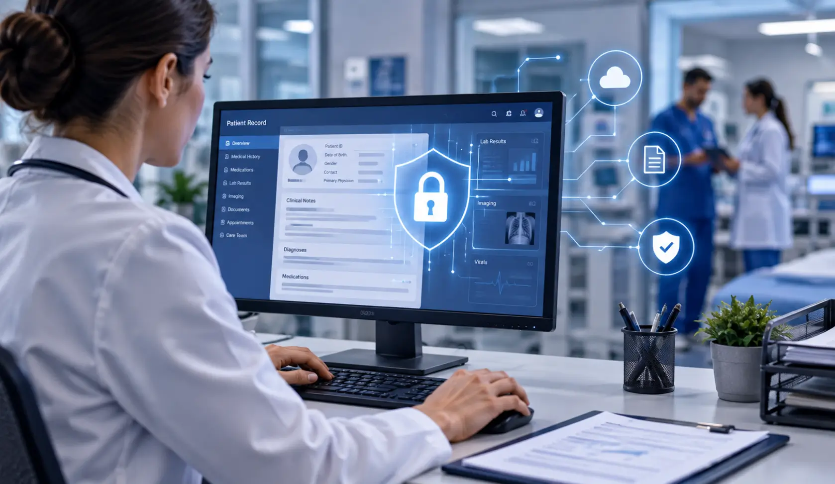 Healthcare professional protecting electronic health information with cybersecurity controls