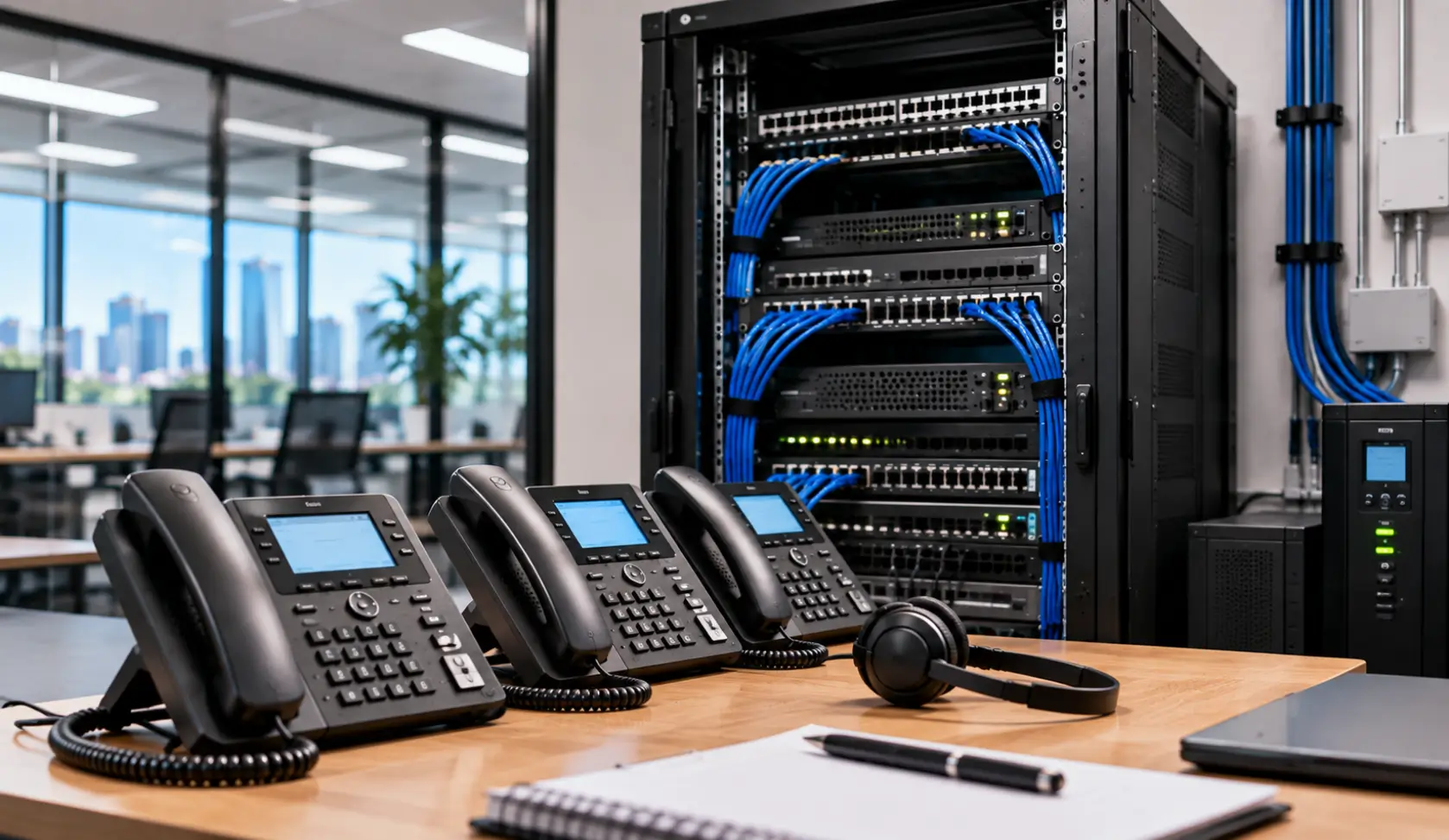 On-premise business phone system with server rack and IP phones