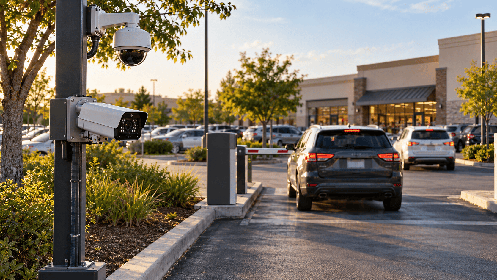 License plate recognition and overview cameras at a retail parking lot entrance