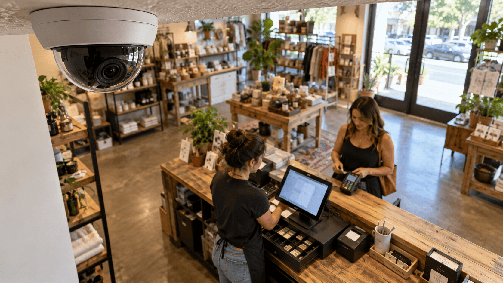 Security camera positioned above a retail cashier and checkout counter