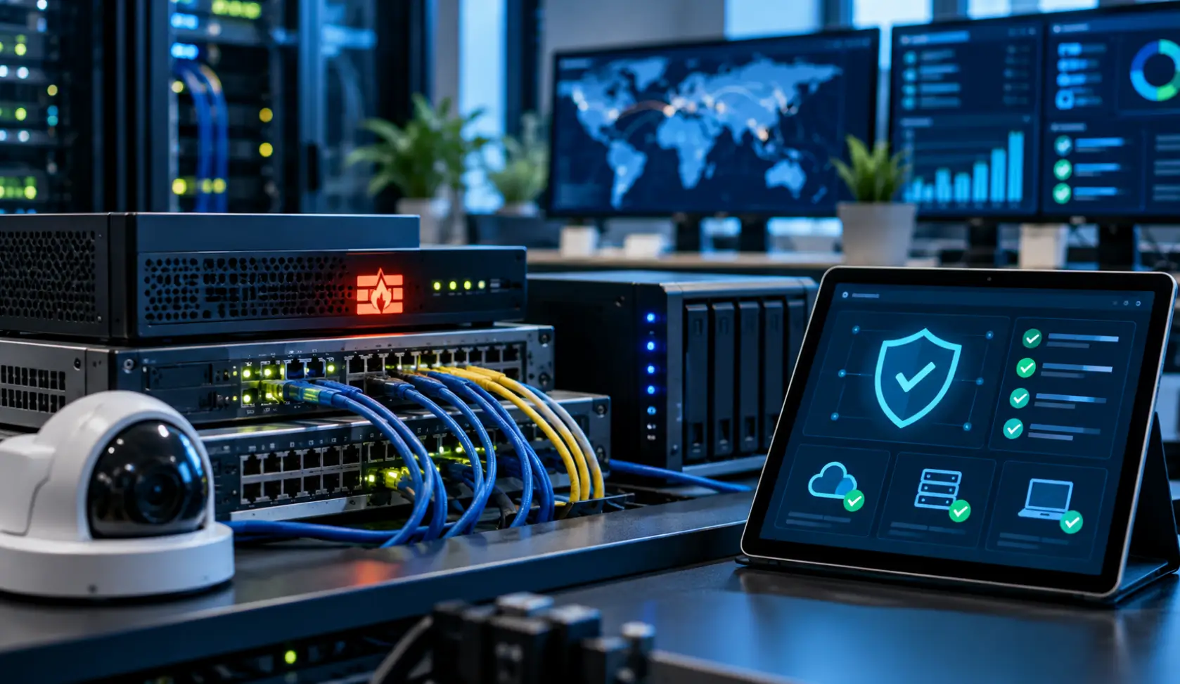 Business network equipment and security systems being checked for proper operation