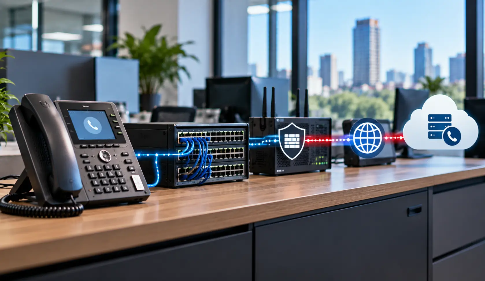 VoIP call network path from business phone through network equipment