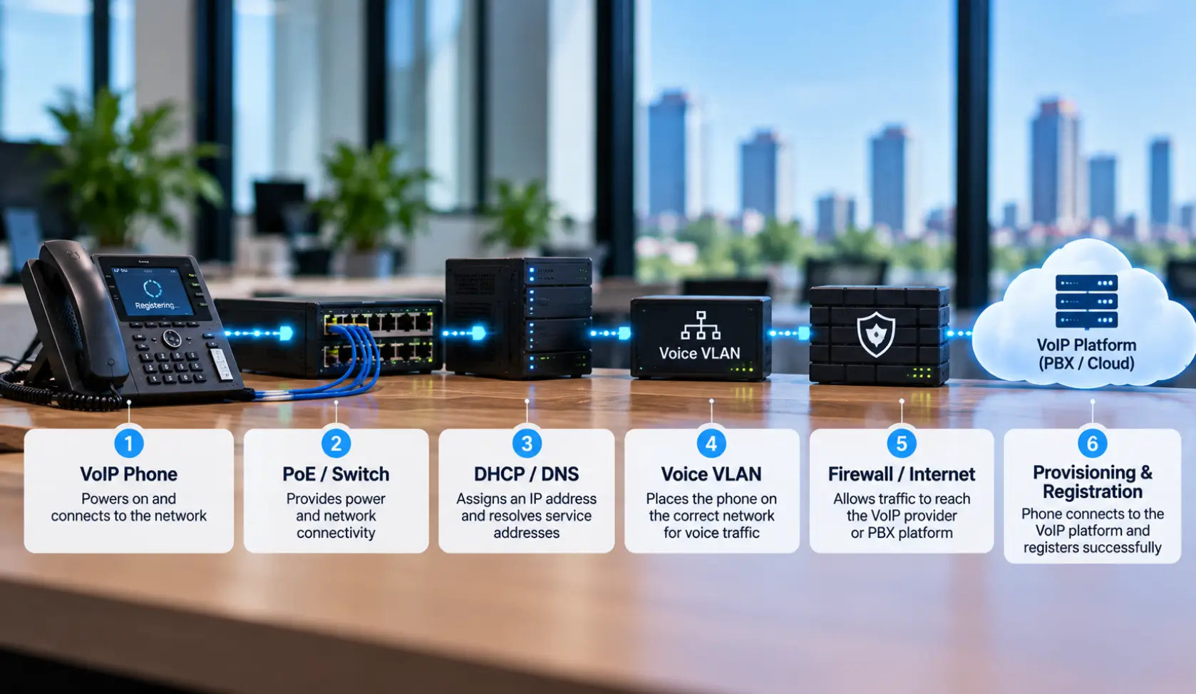 VoIP Business phone registration process from network connection to VoIP platform