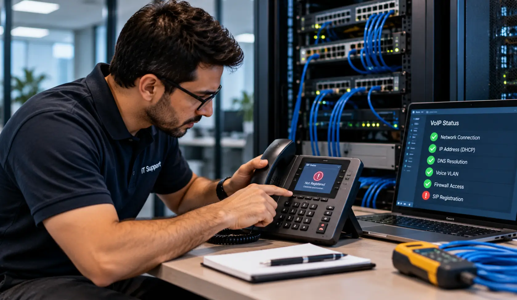 IT technician troubleshooting a business VoIP phone that is not registering