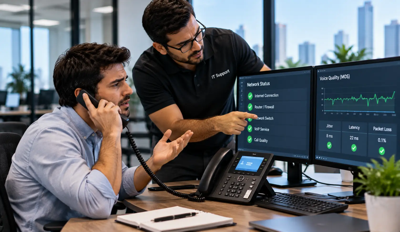IT professional troubleshooting poor VoIP call quality and network issues