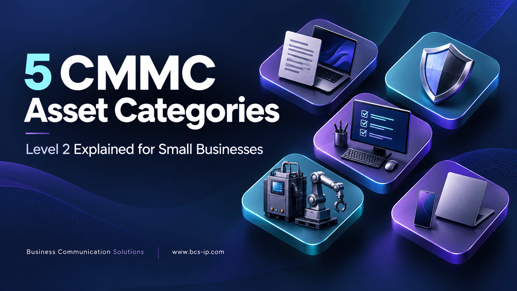 5 CMMC Asset Categories: Level 2 Explained for Small Businesses, illustrated with a laptop, shield, workstation, industrial equipment, and personal devices.