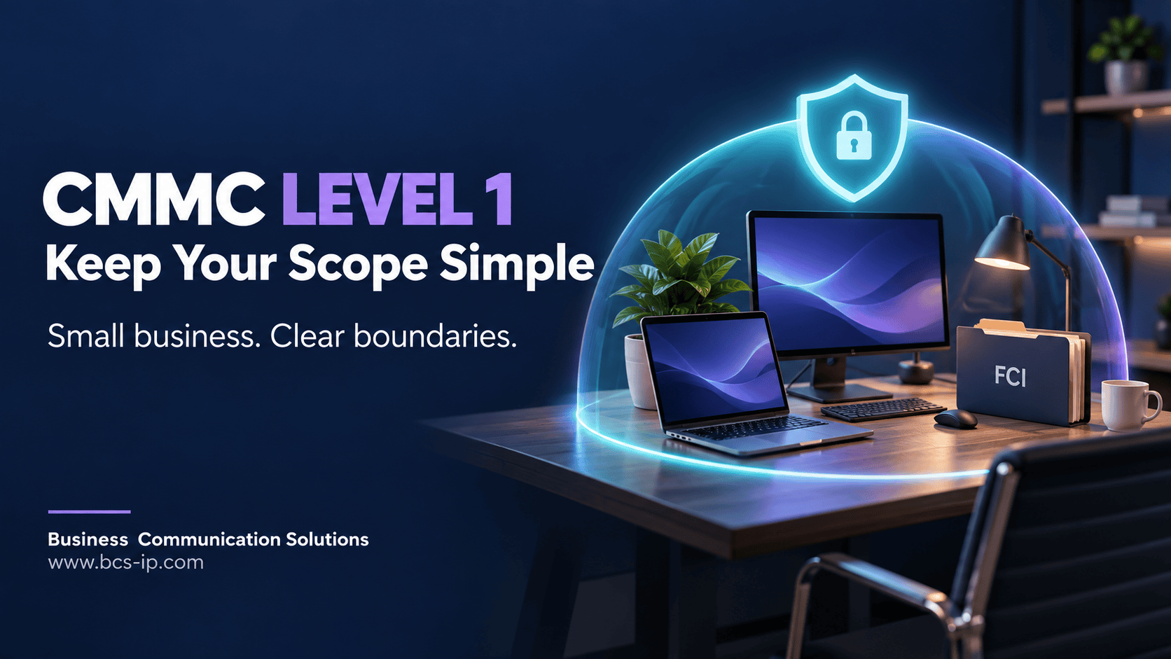CMMC Level 1: Keep Your Scope Simple. A laptop, desktop computer, and FCI folder inside a protective boundary illustrate small business scoping.