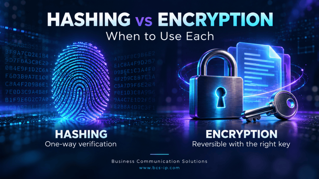 Hashing versus encryption: a digital fingerprint represents one-way verification, while a padlock and key represent reversible encryption.
