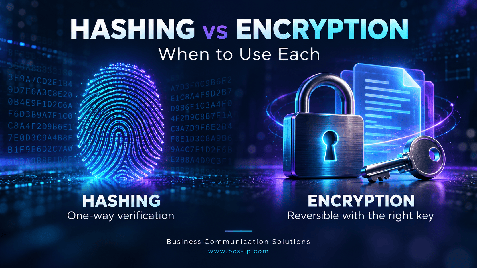 Hashing versus encryption: a digital fingerprint represents one-way verification, while a padlock and key represent reversible encryption.