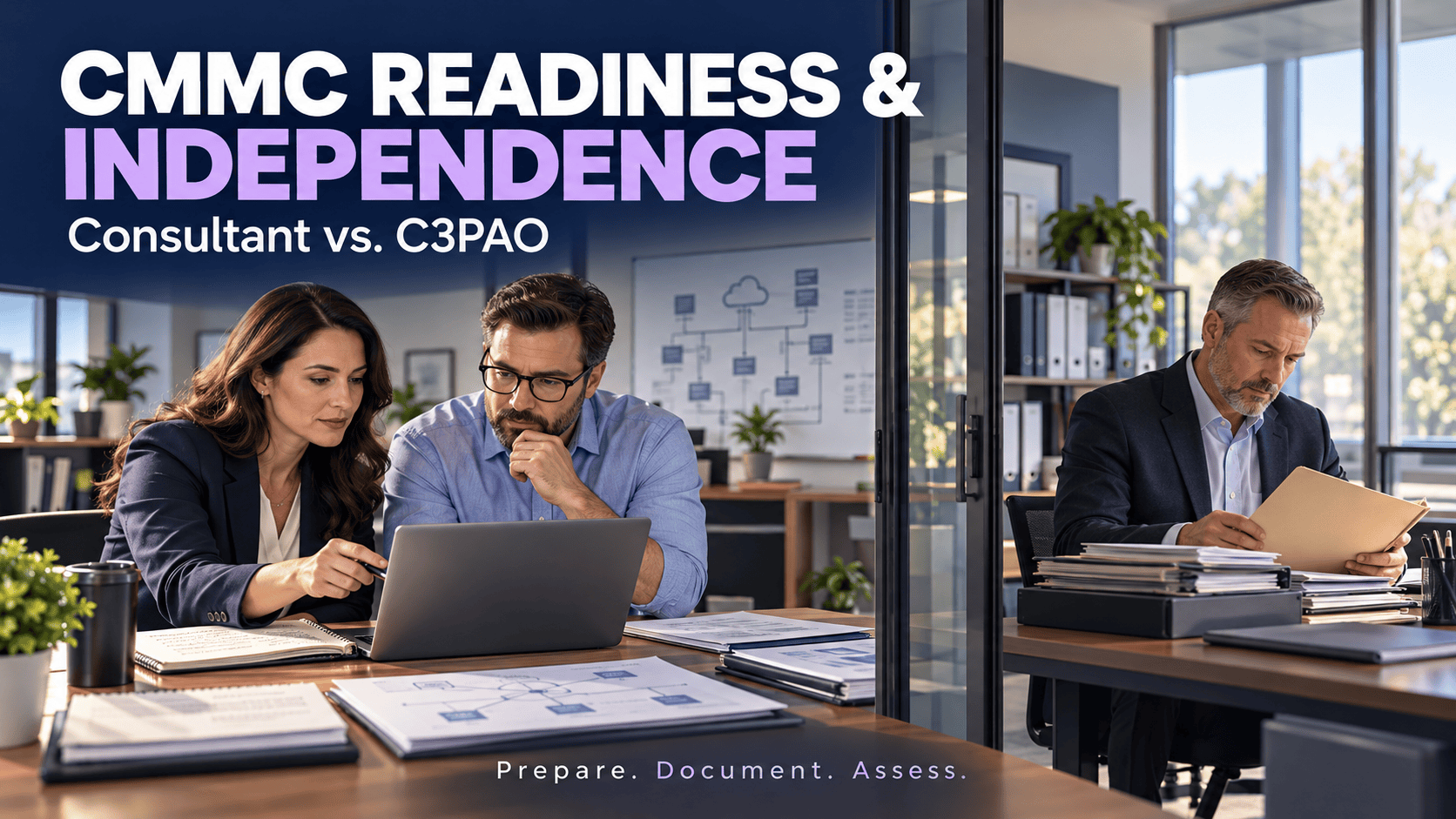 CMMC readiness consultant and IT manager prepare evidence while an independent C3PAO assessor reviews documents separately.