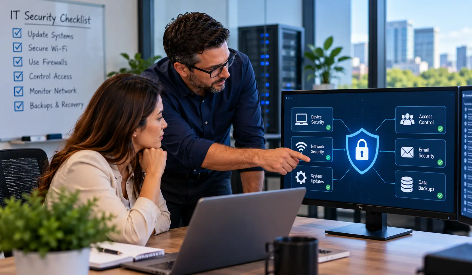 IT professional reviewing small business network security and system updates