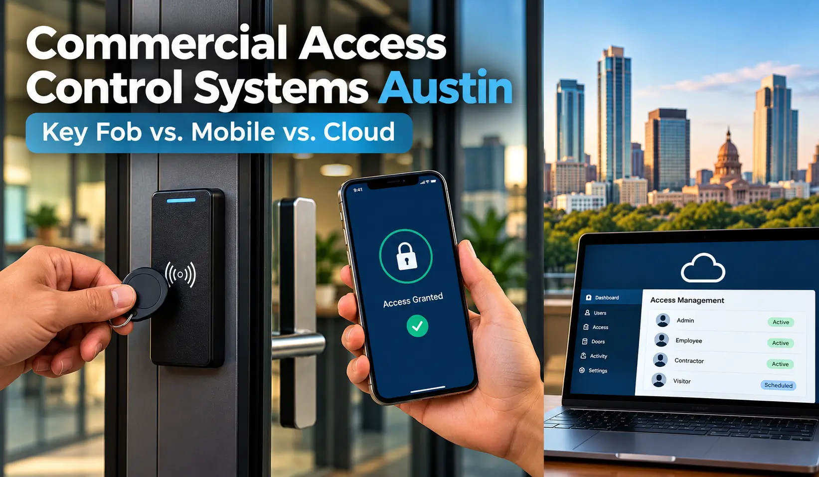 Commercial access control systems in Austin featuring key fob entry, mobile credentials, and cloud-based access management.