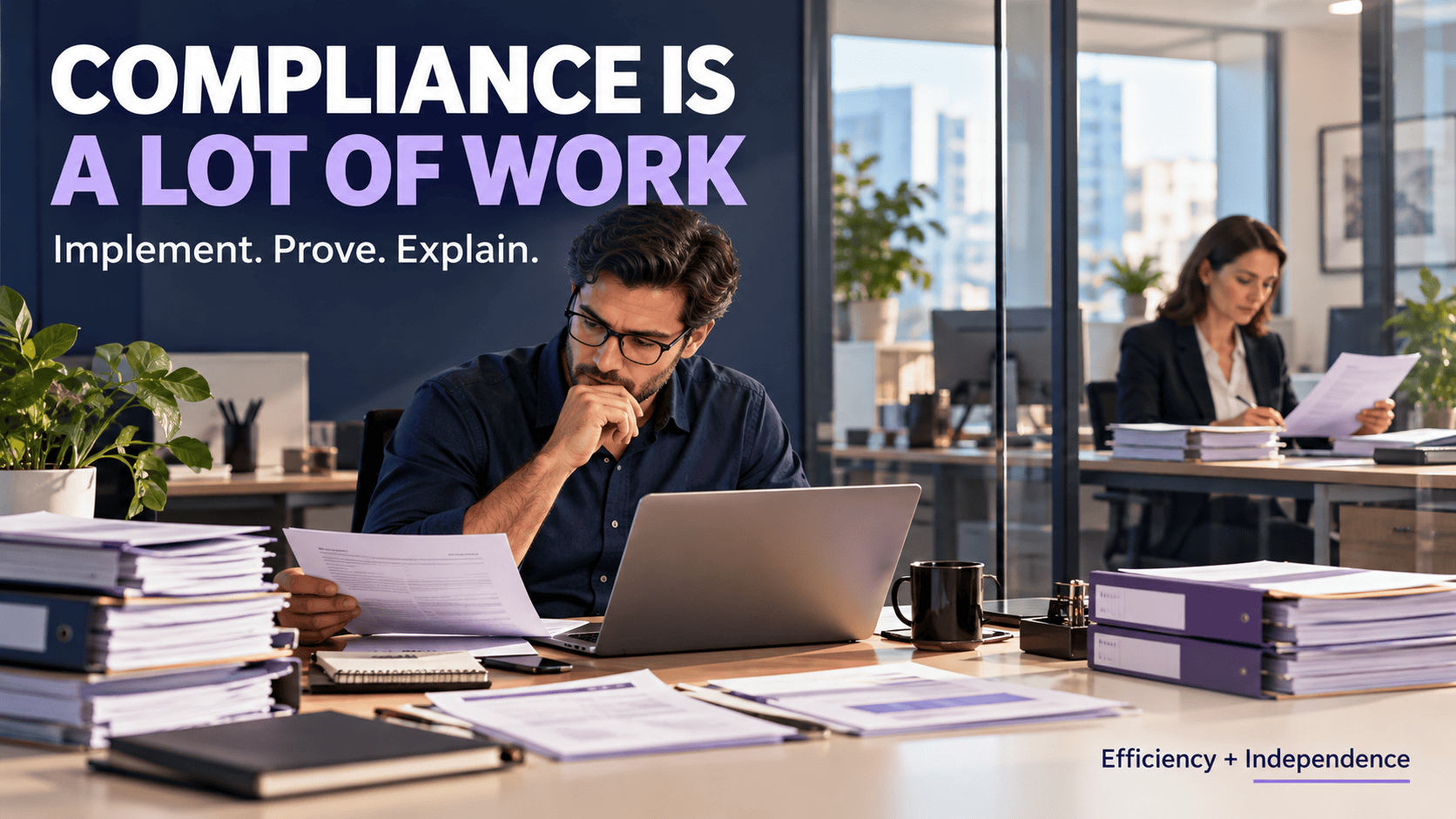 Business owner organizing compliance evidence while an independent auditor reviews documents in a separate office.