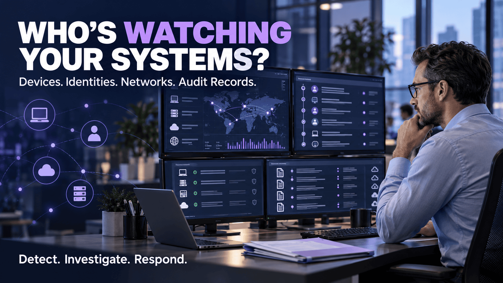 Security analyst reviewing dashboards for devices, identities, network activity, and audit records.