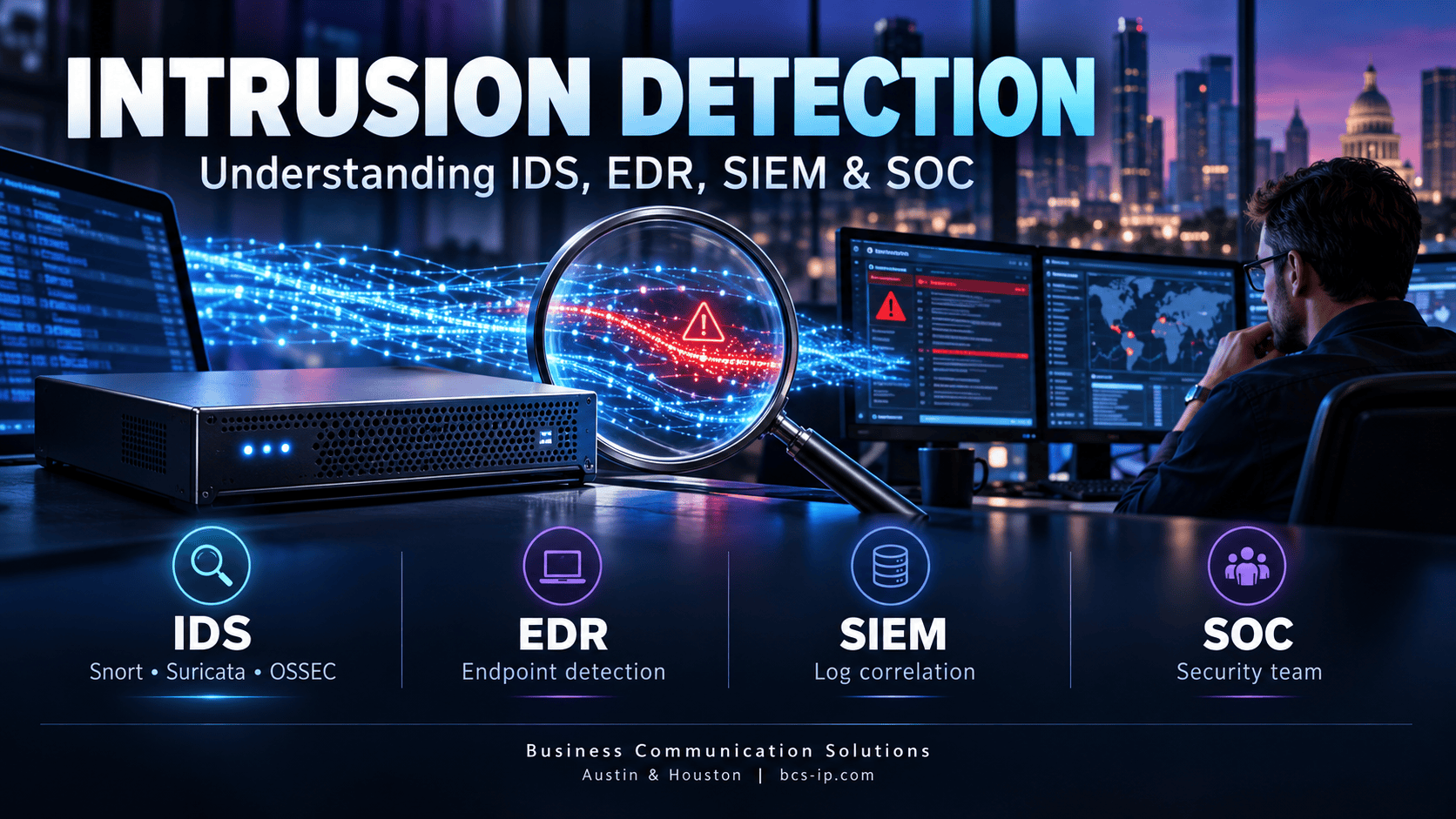 Intrusion detection illustration showing Snort, Suricata, and OSSEC as IDS tools, alongside the distinct roles of EDR, SIEM, and a SOC security team.