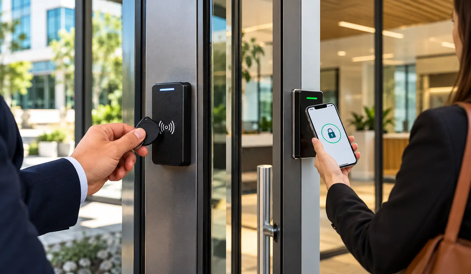 Employee using a key fob and smartphone for commercial door access control in a modern office.