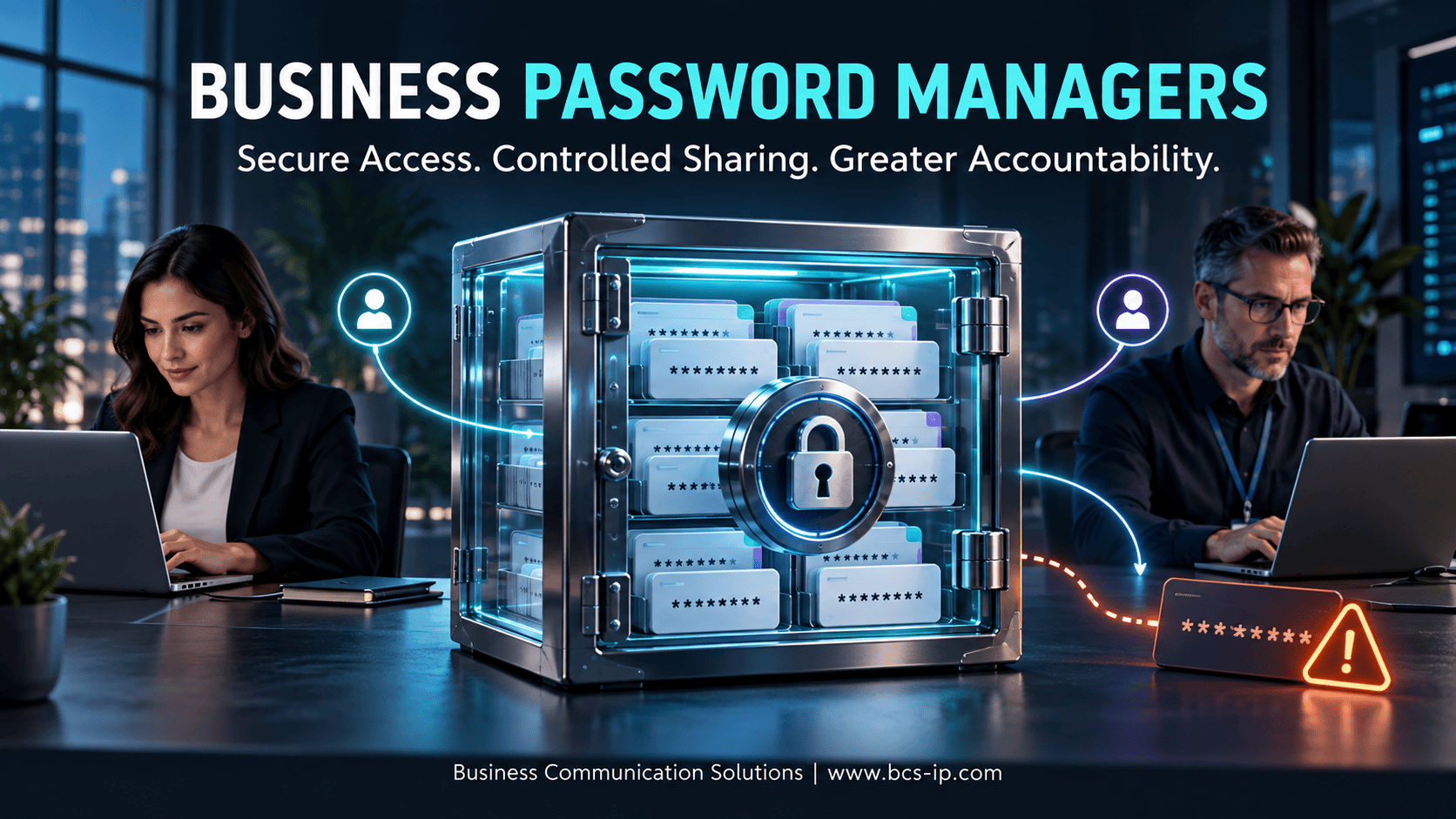 Business password manager vault connecting employees and IT administrators for controlled credential sharing and compromised-password monitoring.