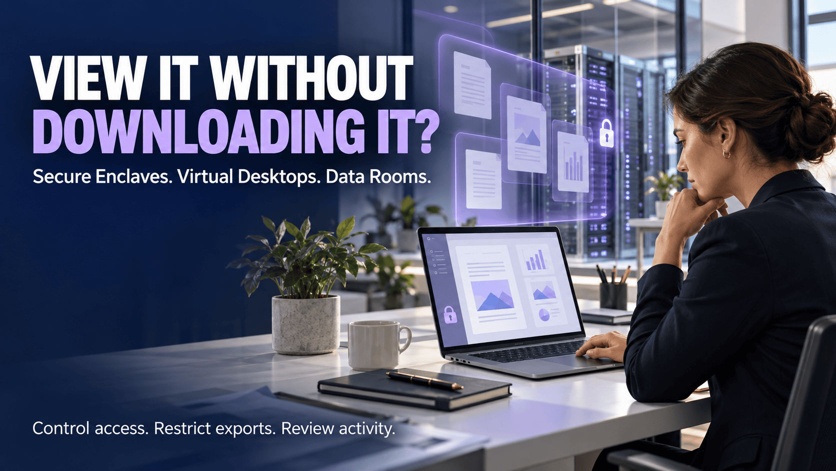 Professional viewing documents in a controlled remote workspace, illustrating secure enclaves, virtual desktops, and virtual data rooms.