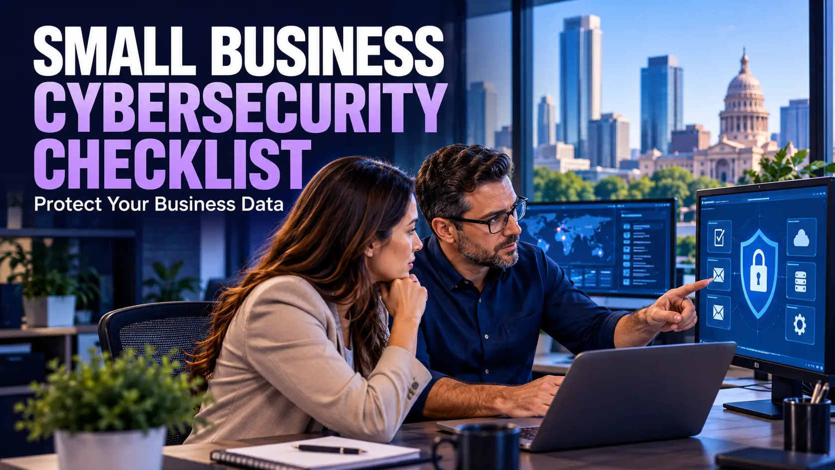 Small business cybersecurity checklist covering account security, network protection, and data backups