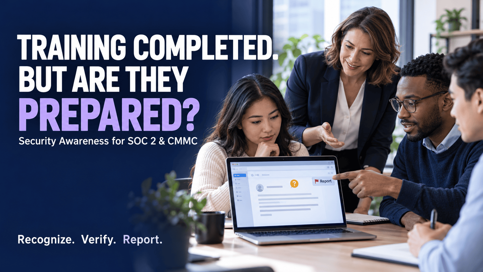 Employees learning to recognize and report a suspicious email during a security awareness training session.