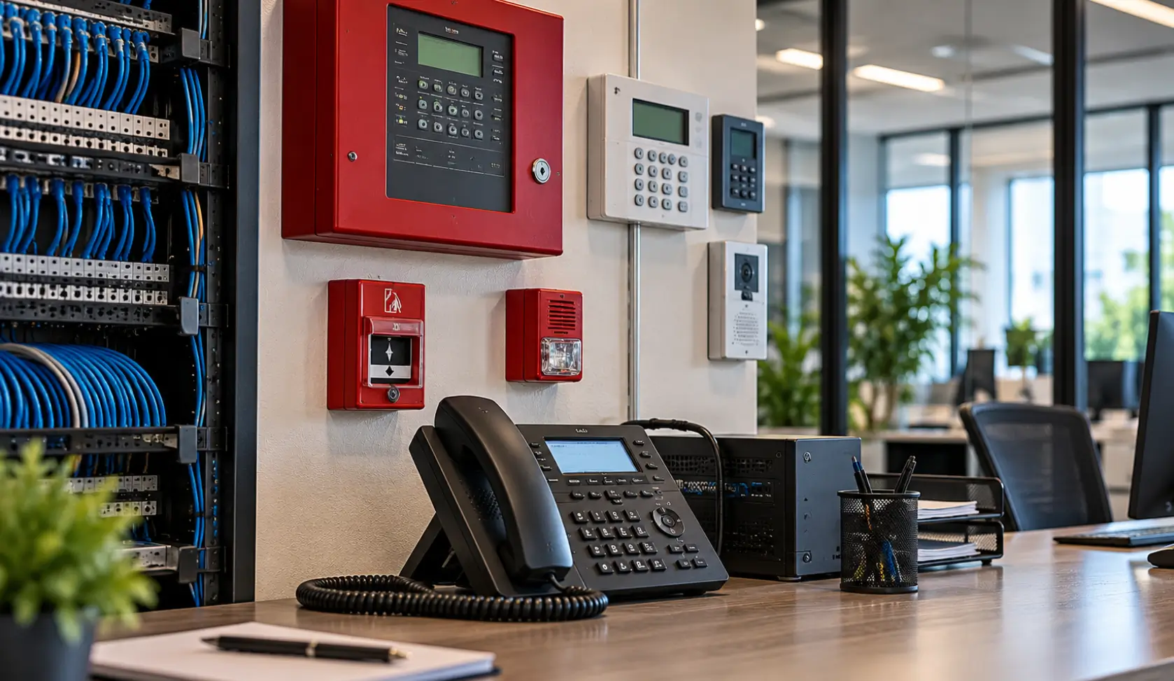 Business phone, fire alarm panel, and security equipment in a commercial office