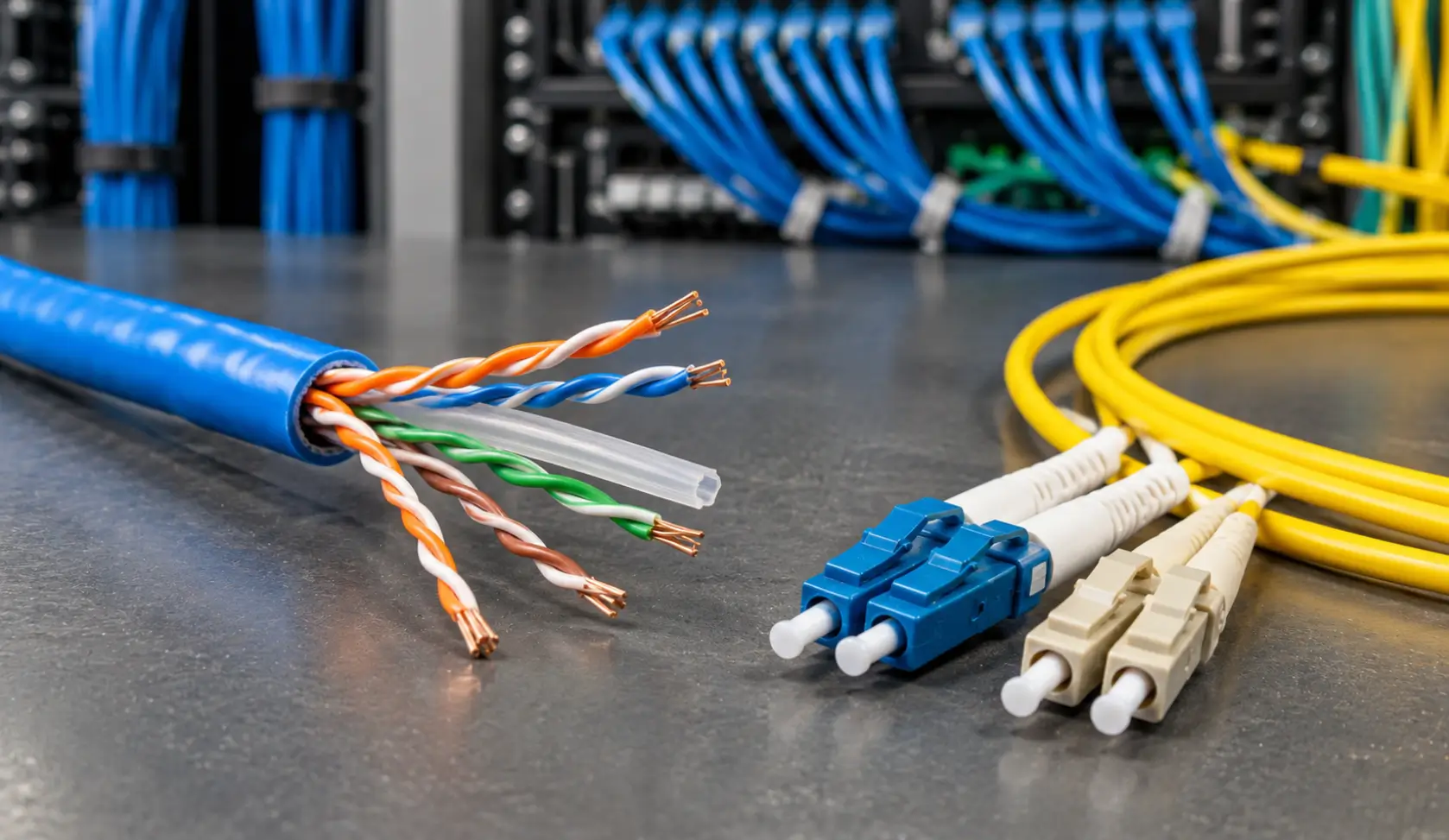 Cat6 Ethernet cable with exposed copper wire pairs alongside yellow fiber optic cables and connectors